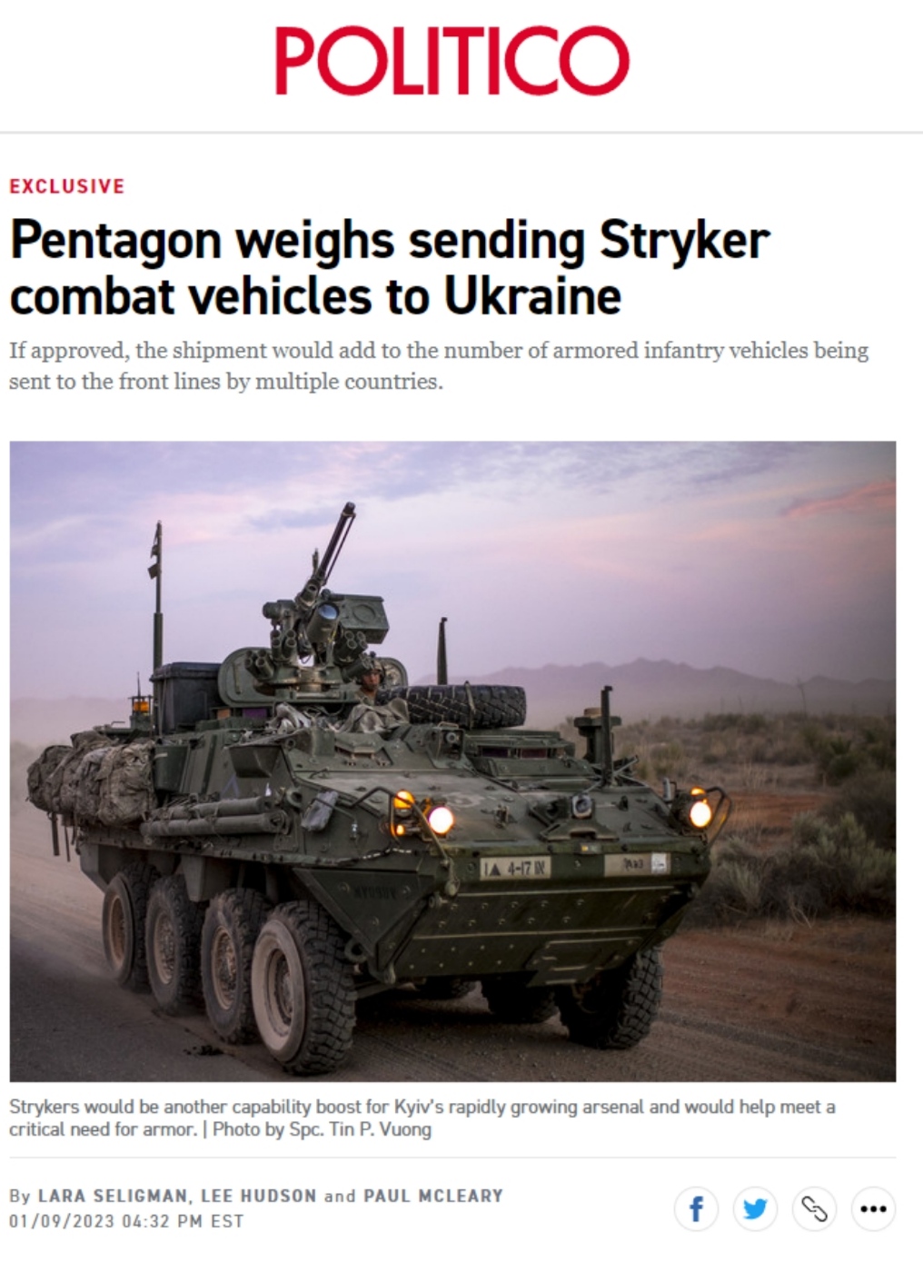 Politico: Пентагон рассматривает возможность отправки боевых машин Stryker Украине